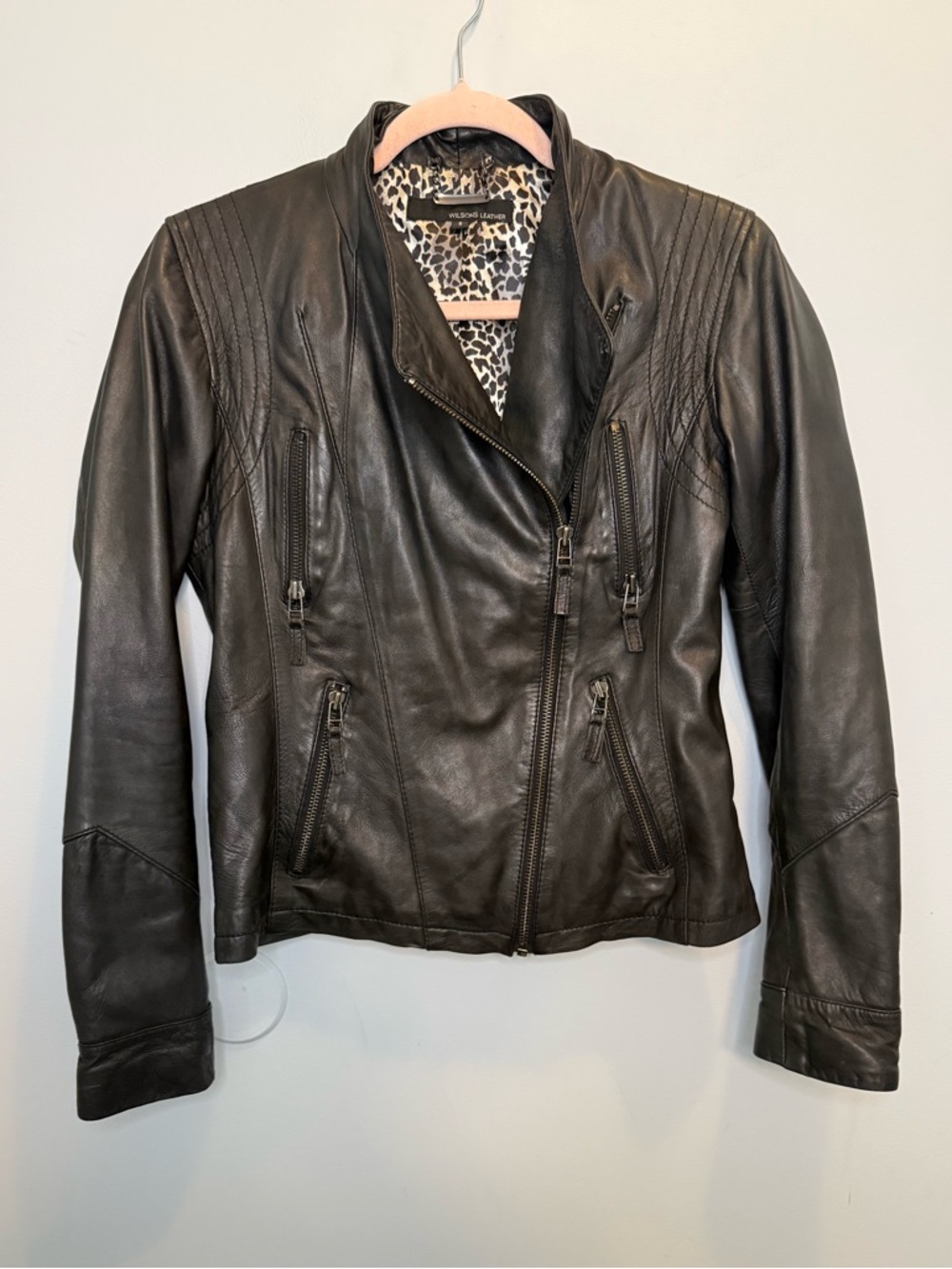 Wilsons Leather Black Moto Jacket Leopard Print Lining Size Small Grunge